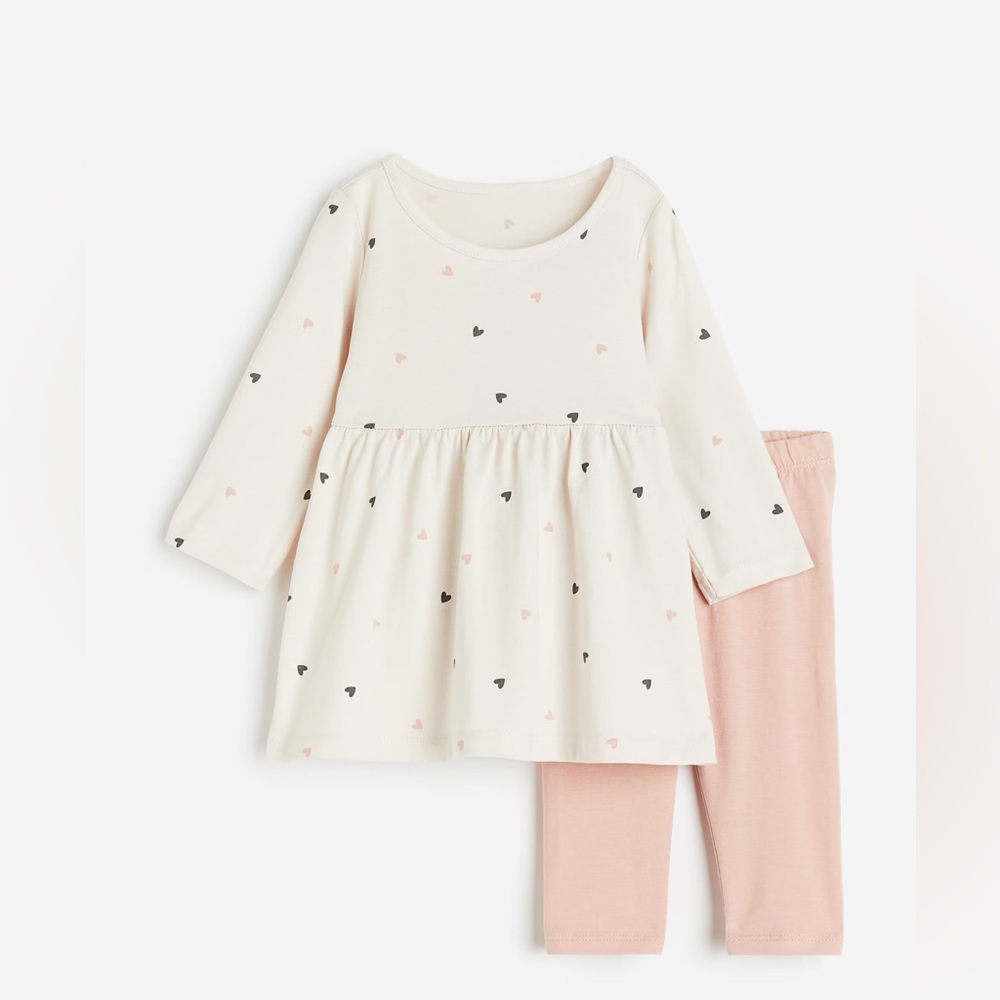 H&M Kids 2-Piece Mini Hearts Long Sleeve Dress and Leggings Set Pink 2T